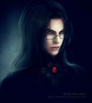  1boy artist_name bangs black_background black_hair brooch closed_mouth collar deviantart_username fantasy glasses jewelry long_hair looking_at_viewer male_focus mezamero original parted_bangs red_brooch red_eyes simple_background solo upper_body vampire watermark web_address 