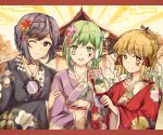  3girls :d ;) alternate_costume bangs black_kimono blonde_hair blush braid building commentary_request eyebrows_visible_through_hair facial_mark floral_print flower french_braid green_eyes green_hair hair_between_eyes hair_flower hair_ornament hair_ribbon highres holding japanese_clothes kimono kochiya_sanae leaf_hair_ornament letterboxed long_hair long_sleeves looking_at_viewer mirror moriya_suwako multiple_girls nazrin no_hat no_headwear one_eye_closed open_mouth paddle pink_flower purple_hair purple_kimono red_kimono red_ribbon ribbon rope short_hair sidelocks smile torottye touhou upper_body violet_eyes wide_sleeves yasaka_kanako yellow_eyes 