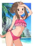  1girl absurdres beach brown_eyes brown_hair hair_bun highres ito_kashiwamochi karakai_jouzu_no_takagi-san navel ocean open_mouth palm_tree solo swimsuit takagi-san tree 