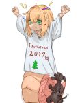  1girl 2019 animal arms_up bangs blonde_hair clothes_writing confetti dog excited eyeshadow green_eyes hair_between_eyes icti_(materclaws) lamia makeup materclaws monster_girl new_year original shirt short_hair simple_background smile solo tail white_background white_shirt younger 