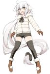  1girl :d absurdly_long_hair bangs black_legwear black_ribbon black_shorts blush boots brown_eyes brown_footwear brown_gloves commentary_request earmuffs eyebrows_visible_through_hair fate/grand_order fate_(series) full_body fur-trimmed_boots fur-trimmed_jacket fur_trim gloves hair_ribbon jacket jeanne_d&#039;arc_(fate)_(all) jeanne_d&#039;arc_alter_santa_lily long_hair long_sleeves open_mouth panikuru_yuuto ribbon short_shorts shorts simple_background smile solo thigh-highs thighhighs_under_boots very_long_hair white_background white_hair white_jacket 
