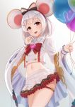  1girl absurdres animal_ears balloon bow bowtie collared_shirt commentary cowboy_shot crop_top crop_top_overhang granblue_fantasy hair_ornament hairband hairclip hand_up heart highres holding kurisu-kun long_sleeves looking_at_viewer midriff miniskirt navel open_mouth pleated_skirt rat_ears red_eyes shirt short_hair silver_hair skirt smile solo thighs vikala_(granblue_fantasy) white_shirt white_skirt wide_sleeves 