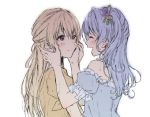  2girls bang_dream! bangs blonde_hair blue_hair closed_eyes flower frilled_sleeves frills green_ribbon hair_flower hair_ornament hair_ribbon half_updo hand_on_another&#039;s_hand hands_on_another&#039;s_cheeks hands_on_another&#039;s_face long_hair looking_at_another matsubara_kanon multiple_girls one_side_up open_mouth purple_flower ribbon sakaki_kayumu shirasagi_chisato short_sleeves smile upper_body violet_eyes wet white_background white_ribbon yellow_flower yuri 