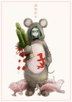  2020 animal animal_costume aqua_hair bamboo black-framed_eyewear glasses gohei highres matajirou_(matagiro) mittens mouse_costume naked_mole_rat nengajou new_year original simple_background solo standing white_background 