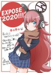  1girl 2020 absurdres ahoge akeome animal_ear_headphones animal_ears bang_dream! bangs black_jacket blazer blue_eyes blue_skirt blush brown_scarf character_name chinese_zodiac chu2_(bang_dream!) commentary_request crossed_arms happy_new_year headphones highres jacket long_hair long_sleeves looking_at_viewer miniskirt mouse_ears new_year plaid plaid_skirt pleated_skirt redhead scarf signature skirt solo translation_request ueda_kazuyuki v-shaped_eyebrows very_long_hair white_background year_of_the_rat 