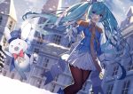  &gt;_&lt; 1girl absurdres aluppia aqua_eyes aqua_hair band_uniform beamed_eighth_notes blue_cape blue_headwear blue_jacket blurry blurry_background boots bow bowtie building cape chinese_commentary city commentary dutch_angle eighth_note epaulettes gloves hair_ornament hair_ribbon hairclip hat hat_feather hatsune_miku highres jacket jumping knee_boots long_hair looking_to_the_side miniskirt mixed-language_commentary musical_note musical_note_print outdoors outstretched_arm pantyhose pleated_skirt rabbit rabbit_yukine red_neckwear ribbon skirt snow snowing staff_(music) top_hat twintails very_long_hair vocaloid walking white_gloves white_skirt yuki_miku yuki_miku_(2020) 