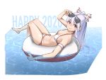  1girl 2020 adjusting_eyewear arm_up armband bangs bare_arms bare_legs bare_shoulders barefoot bikini bow breasts collarbone commentary_request eyebrows_visible_through_hair fujiwara_no_mokou groin hair_between_eyes hair_bow half_updo halterneck highres innertube joeychen long_hair looking_at_viewer navel red_eyes sidelocks silver_hair sitting small_breasts smile solo stomach sunglasses swimsuit thighs touhou water white_background white_bikini white_bow 