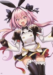  1boy astolfo_(fate) astolfo_(saber)_(fate) bangs black_bow black_gloves black_legwear black_panties black_ribbon blush bow bowtie fate_(series) gloves hair_bow hair_intakes hair_ribbon highres long_hair long_sleeves looking_at_viewer meme50 multicolored_hair open_clothes otoko_no_ko panties pink_hair ribbon smile solo streaked_hair thigh-highs twintails underwear violet_eyes white_hair 