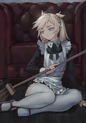  1girl absurdres apron black_dress black_footwear dress expressionless frilled_apron frills grey_eyes highres long_hair long_sleeves maid original platinum_blonde_hair shoes solo thigh-highs vertigris white_apron white_legwear 