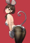  1girl animal_ears ass breasts brown_eyes brown_hair commentary_request eyebrows_visible_through_hair fake_animal_ears grey_bikini_top hair_over_shoulder highres long_hair looking_back medium_breasts mouse_ears mouse_tail original pantyhose red_background sideboob simple_background standing tail thighband_pantyhose yomu_(sgt_epper) 