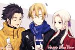  1girl 2boys alternate_costume black_gloves blonde_hair blue_scarf brown_hair claude_von_riegan closed_eyes closed_mouth dimitri_alexandre_blaiddyd edelgard_von_hresvelg fire_emblem fire_emblem:_three_houses gloves green_eyes hair_ribbon happy_new_year long_hair multiple_boys naho_(pi988y) new_year one_eye_closed open_mouth ribbon scarf short_hair simple_background smile twitter_username upper_body 