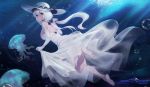  azur_lane barefoot baseness blue_eyes breasts dress elbow_gloves full_body gloves hat highres huge_breasts illustrious_(azur_lane) jellyfish lace-trimmed_headwear low_ponytail strapless strapless_dress sun_hat tri_tails underwater white_dress white_gloves white_headwear 