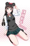  1girl 2020 animal_ears bangs birthday black_hair black_legwear blunt_bangs breasts checkered checkered_ribbon checkered_skirt chinese_zodiac commentary_request eyebrows_visible_through_hair flower green_eyes hair_flower hair_ornament highres hime_cut kurosawa_dia long_hair long_sleeves looking_at_viewer love_live! love_live!_sunshine!! mole mole_under_mouth mouse_ears new_year ribbon seiza shiny shiny_hair sidelocks sitting skirt sleeves_pushed_up small_breasts solo striped striped_ribbon translated year_of_the_rat yopparai_oni 