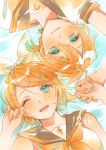  1boy 1girl absurdres afloat aqua_eyes aqua_nails bangs bare_shoulders black_collar blonde_hair bow collar commentary crop_top from_above hair_bow hair_ornament hairclip hand_up highres holding_hands kagamine_len kagamine_rin looking_at_viewer nail_polish neckerchief nidozuke one_eye_closed open_mouth ripples sailor_collar school_uniform shirt short_hair short_sleeves smile spiky_hair swept_bangs symmetry vocaloid water white_bow white_shirt yellow_neckwear 