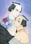  2boys acrylic_paint_(medium) black_hair blue_eyes blush chest chonmage collarbone eyeliner half-closed_eyes hand_up head_on_chest head_tilt highres hug irezumi japanese_clothes kimono lips looking_at_viewer makeup male_focus manji_(momo_to_manji) momo_(momo_to_manji) momo_to_manji multiple_boys nadeshiko_rin nipples off_shoulder parted_lips shoulder_blades tattoo topknot traditional_media upper_body yaoi 