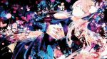  1girl black_dress bug butterfly butterfly_hair_ornament closed_eyes closed_mouth commentary dress flower hair_ornament hairband hands_together highres insect long_hair long_sleeves lying megurine_luka nyakkunn on_back palette_(vocaloid) pink_hair solo splatter thigh-highs vocaloid 