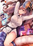  1girl atlanta_(kantai_collection) bad_anatomy bad_leg blush book breasts brown_hair buttons commentary_request earrings garrison_cap grey_eyes hat highres holding holding_book jewelry kantai_collection large_breasts long_hair long_sleeves narushima_kanna shirt solo tablet_pc twintails white_shirt 