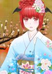  1girl alternate_costume alternate_hairstyle arm_up bangs blue_kimono bosutonii brown_background cherry_blossoms commentary_request expressionless eyebrows_visible_through_hair floral_print flower hair_flower hair_ornament hair_up hand_on_own_chest head_wings highres japanese_clothes kimono koakuma lips looking_at_viewer obi parted_lips red_eyes red_sun redhead sash shiny shiny_hair sleeves_past_wrists snowflake_print solo touhou tree_branch unfinished upper_teeth 