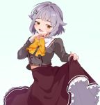  1girl artist_request blush bow eyebrows_visible_through_hair frilled_skirt frills hair_ornament hairclip hand_on_own_chin highres holding_skirt idolmaster idolmaster_cinderella_girls korean_commentary koshimizu_sachiko open_mouth purple_hair red_skirt short_hair simple_background skirt smile solo yellow_eyes 