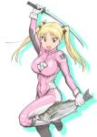 1girl bakuon!! bell biker_clothes bikesuit blonde_hair bodysuit breasts fish hair_bell hair_ornament katana large_breasts long_hair looking_at_viewer open_mouth pink_bodysuit simple_background solo suzunoki_rin sword twintails ueyama_michirou weapon you&#039;re_doing_it_wrong 