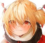  1girl :3 alternate_costume bangs black_jacket blonde_hair blush casual check_commentary commentary commentary_request contemporary crystal eyebrows_visible_through_hair flandre_scarlet fur_trim gotoh510 hair_over_one_eye jacket looking_at_viewer red_eyes shadow side_ponytail simple_background solo touhou upper_body white_background wings 