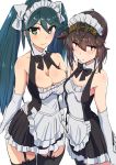  2girls alternate_costume apron black_dress black_headband black_legwear breasts brown_hair comala_(komma_la) dress enmaided frilled_apron frills garter_straps green_eyes green_hair hachimaki hair_flaps hatsuzuki_(kantai_collection) headband highres isuzu_(kantai_collection) kantai_collection large_breasts long_hair maid maid_apron maid_headdress multiple_girls short_dress short_hair sleeveless sleeveless_dress small_breasts thigh-highs twintails white_apron yellow_eyes 