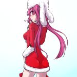  1girl bleach boots breasts christmas commentary_request dokugamine_riruka dress hanya_(hanya_yashiki) hat long_hair looking_at_viewer open_mouth purple_hair simple_background solo thigh-highs thigh_boots twintails violet_eyes white_background 