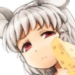  1girl animal_ears bangs cheese close-up commentary_request food grey_hair looking_at_viewer mouse_ears nazrin red_eyes shirosato short_hair simple_background solo swiss_cheese touhou white_background 