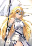 1girl absurdres armor armored_dress bangs bare_shoulders blonde_hair blue_eyes braid breasts chain commentary eyebrows_visible_through_hair fate/apocrypha fate/grand_order fate_(series) headpiece highres jeanne_d&#039;arc_(fate) jeanne_d&#039;arc_(fate)_(all) large_breasts long_hair looking_at_viewer revision single_braid smile solo standard_bearer tming very_long_hair 