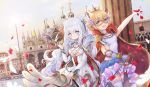  +_+ 2girls azur_lane bangs bird blonde_hair blue_eyes breasts cape carnival carnival_mask cathedral chinese_commentary commentary_request day death-the-cat double_bun dove epaulettes eyebrows_visible_through_hair falling_petals gauntlets highres le_malin_(azur_lane) le_triomphant_(azur_lane) long_hair long_sleeves multiple_girls petals rose_petals short_hair sideboob silver_hair skirt sky small_breasts tutu under_boob underboob_cutout venice very_long_hair 