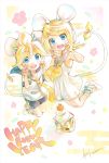  1boy 1girl 2020 animal_ears bangs black_collar black_shorts blonde_hair blue_eyes bow chibi collar commentary cupping_hand dress egasumi floral_background food fruit hair_bow hair_ornament hairclip happy_new_year headphones highres kagami_mochi kagamine_len kagamine_rin kei_(keigarou) leg_warmers legs_up light_blush looking_at_viewer mandarin_orange mochi mouse_ears mouse_tail neckerchief necktie new_year open_mouth sailor_collar school_uniform shide shirt shoes short_hair short_ponytail short_sleeves shorts signature sleeveless sleeveless_dress smile smiley_face spiky_hair swept_bangs tail v vocaloid white_bow white_dress white_footwear white_shirt yellow_neckwear 