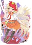  1girl :d ambiguous_red_liquid animal animal_on_head bangs belt bird black_legwear blonde_hair brown_belt brown_footwear chain chick commentary_request eyebrows_visible_through_hair feathered_wings hand_up loafers looking_at_viewer miniskirt multicolored_hair niwatari_kutaka on_head open_mouth orange_skirt puffy_short_sleeves puffy_sleeves puuakachan red_eyes redhead shirt shoes short_hair short_sleeves skirt skull smile solo tail_feathers thigh-highs touhou translation_request two-tone_hair white_shirt wings yellow_wings zettai_ryouiki 