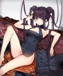  1girl bangs bare_arms bare_legs bare_shoulders barefoot black_dress blunt_bangs breasts commentary_request couch double_bun dress eyebrows_visible_through_hair fang fate/grand_order fate_(series) feet_out_of_frame hand_up highres long_hair looking_at_viewer medium_breasts on_couch open_mouth purple_hair silver_(chenwen) sleeveless sleeveless_dress solo twintails very_long_hair violet_eyes yang_guifei_(fate/grand_order) 