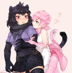  2girls animal_ears apron arm_hug back_bow black_fur black_hair black_jaguar_(kemono_friends) black_legwear black_neckwear blue_shirt blush bow bowtie center_frills commentary_request elbow_gloves eyebrows_visible_through_hair fur_trim gloves heart high-waist_skirt jaguar_ears jaguar_girl jaguar_print jaguar_tail kemono_friends multiple_girls panther_ears panther_girl panther_tail pantyhose peach_panther_(kemono_friends) pink_bow pink_hair pink_legwear pink_neckwear pleated_skirt print_gloves print_legwear print_skirt seto_(harunadragon) shirt short_hair skirt tail tail_bow thigh-highs violet_eyes wavy_mouth white_apron white_bow yuri zettai_ryouiki 