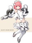  1girl :d aikawa_aika alice_gear_aegis armpit_crease bangs bare_shoulders blush breasts brown_background commentary_request copyright_name elbow_gloves eyebrows_visible_through_hair full_body gloves grey_legwear groin gun headgear highres holding holding_gun holding_weapon karukan_(monjya) leotard looking_at_viewer mecha_musume open_mouth pink_hair revision small_breasts smile solo thigh-highs two-tone_background violet_eyes weapon white_background white_gloves white_leotard 