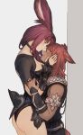  1boy 1girl animal_ears armlet ass bangs blue_eyes blush breasts brown_eyes cat_ears cat_tail cowboy_shot dark_skin facial_mark final_fantasy final_fantasy_xiv fingerless_gloves gloves height_difference highres jewelry long_hair looking_at_another maekakekamen medium_breasts miqo&#039;te purple_hair rabbit_ears redhead ring smile standing tail thigh-highs viera white_background 