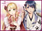  1boy 1girl alfonse_(fire_emblem) blonde_hair blue_eyes blue_hair braid brother_and_sister closed_mouth crown_braid fire_emblem fire_emblem_heroes floral_print gradient_hair green_eyes hair_ornament holding holding_paintbrush intelligent_systems japanese_clothes kimono long_hair long_sleeves multicolored_hair nintendo open_mouth paintbrush pink_hair sharena short_hair siblings smile super_smash_bros. twitter_username upper_body youhe_qri 