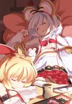  2girls :3 andira_(granblue_fantasy) animal_ears asakura_masatoki bangs blonde_hair bow bowtie chopsticks closed_eyes commentary_request crossed_arms cup detached_sleeves eyebrows_visible_through_hair flat_chest granblue_fantasy hair_between_eyes hairband heart indoors layered_skirt long_sleeves lying mouse mouse_ears multiple_girls navel on_back open_mouth pillow plate red_neckwear shirt short_hair silver_hair skirt sleeping swept_bangs table twintails two_side_up vikala_(granblue_fantasy) white_shirt white_skirt 