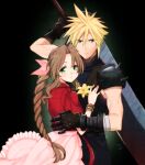  1boy 1girl 2020 aerith_gainsborough arm_up armor black_background black_gloves black_pants black_sweater blonde_hair blue_eyes bow bracelet brown_hair closed_mouth cloud_strife dated final_fantasy final_fantasy_vii floating_hair flower gloves grey_eyes hair_bow hair_intakes holding holding_sword holding_weapon jacket jewelry krudears long_hair long_skirt looking_at_viewer pants pink_bow pink_skirt red_jacket ribbed_sweater short_hair short_sleeves shoulder_armor sidelocks skirt sleeveless sleeveless_sweater spiky_hair standing sweater sword turtleneck turtleneck_sweater very_long_hair weapon yellow_flower 