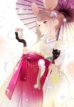  1girl 2020 ama_mitsuki animal_ears bangs black_gloves blush brown_eyes brown_hair chinese_zodiac closed_mouth commentary_request earrings flower gloves hair_bun hair_flower hair_ornament hakama hakama_skirt japanese_clothes jewelry kimono long_hair long_sleeves mouse mouse_ears mouse_girl mouse_tail nengajou new_year original petals red_hakama solo standing swept_bangs tail umbrella wide_sleeves year_of_the_rat 
