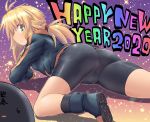  2020 antenna_hair ass bike_shorts bird blonde_hair hijikata-san_(m.m) jacket koshirae_tsurugi long_hair m.m multicolored multicolored_eyes new_year original penguin ponytail sidelocks track_jacket 