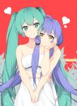  2girls absurdres ahoge aqua_eyes aqua_hair bangs bare_arms bare_shoulders blue_hair closed_mouth collarbone cowboy_shot dress eyebrows_visible_through_hair hand_on_another&#039;s_cheek hand_on_another&#039;s_face hatsune_miku heart highres holding_hands hug hug_from_behind interlocked_fingers long_hair multiple_girls red_background sidelocks smile strapless strapless_dress twintails very_long_hair vocaloid white_dress xingchen yellow_eyes yuri zhayin-san 