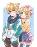  1boy 1girl :3 aqua_eyes bangs beret black_pants blonde_hair blue_legwear blue_scarf blush bow casual closed_mouth commentary cowboy_shot hair_bow hair_ornament hairclip hand_on_another&#039;s_back hands_in_pockets hat heart heart_necklace jacket jewelry kagamine_len kagamine_rin knit_sweater leaning_forward looking_at_viewer momomochi necklace pants pink_headwear scarf shirt short_hair short_ponytail skirt smile standing swept_bangs t-shirt thigh-highs turtleneck twitter_username two-tone_jacket vocaloid white_bow zettai_ryouiki zipper 