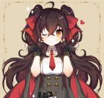  1girl ;o ahoge bangs black_gloves blush bow breasts brown_background brown_eyes brown_hair commentary_request dress eyebrows_visible_through_hair fingerless_gloves girls_frontline gloves grey_dress hair_between_eyes hair_bow hands_up heart long_hair one_eye_closed parted_lips puchipu qbz-97_(girls_frontline) red_bow short_sleeves small_breasts solo sparkle twintails upper_body very_long_hair 