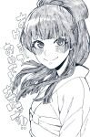  1girl bangs blush closed_mouth greyscale haiokumantan_c hatching_(texture) highres japanese_clothes long_hair monochrome original smile solo upper_body 