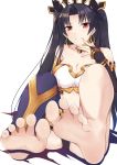  1girl absurdres anklet armlet asymmetrical_legwear asymmetrical_sleeves bare_legs barefoot detached_collar earrings elbow_gloves fate/grand_order fate_(series) feet gloves highres hoop_earrings ishtar_(fate)_(all) ishtar_(fate/grand_order) jewelry legs long_hair looking_at_viewer neck_ring no_shoes otono_fei pov_feet single_elbow_glove single_thighhigh sitting soles solo thigh-highs tiara toeless_legwear toenails toes 