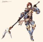  1girl armor armored_boots beige_background boots brown_gloves brown_hair commentary_request earrings faulds gloves green_eyes highres jewelry knight kotatsu_(g-rough) lance leather leather_gloves looking_at_viewer original polearm short_hair shoulder_armor signature solo tabard vambraces weapon 