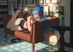  ai-chan_(playstation) bangs bare_legs black_shorts blue_eyes blue_hair blurry blurry_background blush bookshelf chinese_commentary collarbone commentary_request controller couch dualshock eyelashes flower full_body game_console game_controller gamepad hair_ornament handheld_game_console highres indoors lamp legs light_bulb long_hair looking_at_viewer lying midriff nail_polish navel on_couch on_side picture_frame pink_nails pink_shirt playstation playstation_3 playstation_controller playstation_portable shadow shirt shoe_removed shoes short_shorts shorts smile sneakers soles sony strap_slip tank_top tile_floor tiles vase vofan 