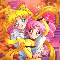  2girls autumn bishoujo_senshi_sailor_moon blonde_hair blue_dress blue_eyes chibi_usa cone_hair_bun double_bun dress frilled_dress frills hair_bun hug k.g.fantasy long_hair long_sleeves medium_hair multiple_girls parted_bangs pink_eyes pink_hair pink_sky sky smile tsukino_usagi twintails very_long_hair yellow_dress 