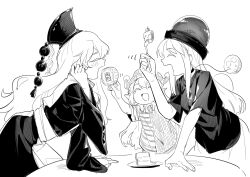  3girls black_dress blush cake cake_slice chinese_clothes closed_mouth clownpiece commentary dalachi_(headdress) dress fairy feeding food fork hand_on_table hat hecatia_lapislazuli highres holding holding_food holding_fork junko_(touhou) long_hair monochrome multiple_girls open_mouth shirt smile symbol-only_commentary t-shirt tabard table touhou yazato_ichimushi 